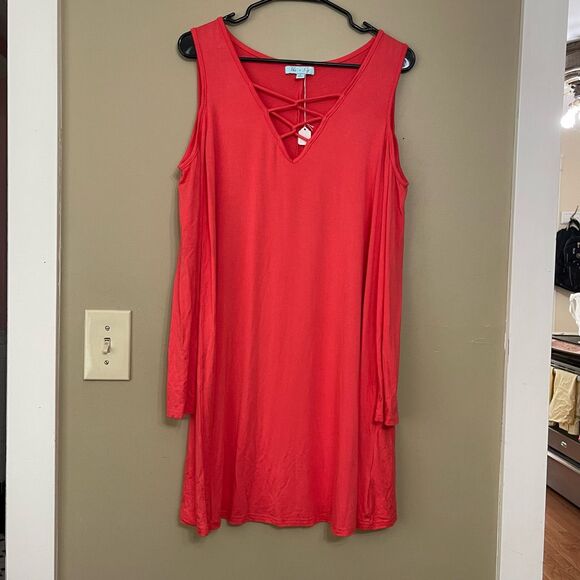 She + Sky Criss Cross Front Coral Cold Shoulder Long Sleeve Dress Large NWT - Picture 2 of 7